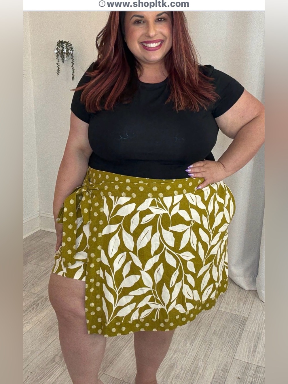 Plus Size Olive Green Wrap Skort with White Leaf Print
